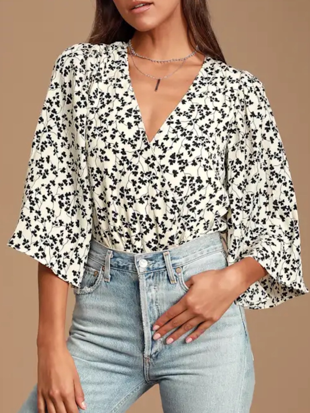 Lulus Cream & Black Floral Vine Print Bodysuit